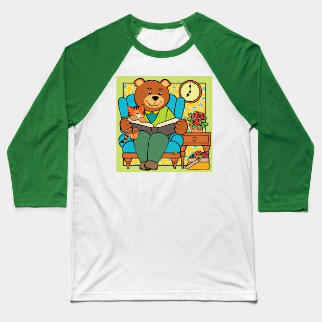 Paw Bear Reading to Cat Baseball T-Shirt by Sue Cervenka